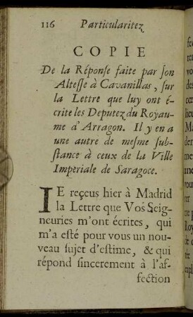 Copie De la Réponse faite par son Altesse à Cavanillas, sur la Lettre que luy ont ècrite les Deputez du Royaume d'Arragon