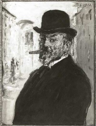 Selbstbildnis mit steifem Hut : Selbstbildnis mit steifem Hut. Holz; 32,5 x 24 cm (1912; M. Slevogt). Ausstellung "Max Slevogt", Berlin 1966