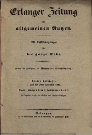 Erlanger Zeitung zum allgemeinen Nutzen : als Aufklärungsorgan und unentgeldliches Anzeigblatt. 1844, 6. Juli - 11. Sept.