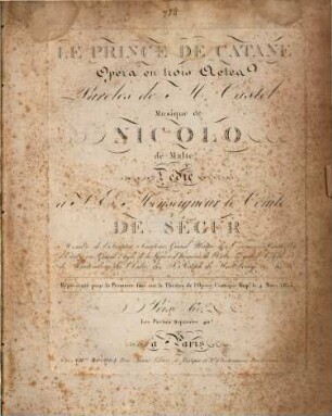 Le prince de Catane : opéra en trois actes ; représenté pour la première fois sur le Théâtre de l'Opéra Comique Imp. le 4 mars 1813