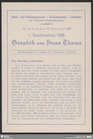 Graphik von Hans Thoma : Stadt- und Heimatmuseum, Kreismuseum, Glauchau; 24. Januar bis 15. Februar 1948; 1. Sonderschau 1948