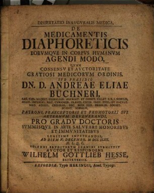 Dissertatio Inauguralis Medica De Medicamentis Diaphoreticis Eorumque In Corpus Humanum Agendi Modo