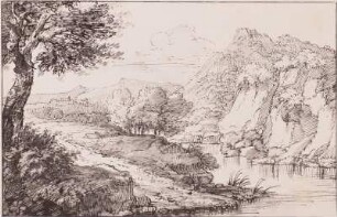 Flußlandschaft : Glauber, Johannes (Polidoro) (1646-1726): Flußlandschaft. Feder, laviert. Dresden: Kupferstich-Kabinett 1917-80