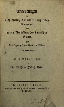 Andeutungen in Beziehung auf die finanziellen Momente der neuen Verfassung des baierischen Staats