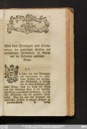 Von dem Vermögen und Unvermögen der natürlichen Kräften des menschlichen Verstandes, in Absicht auf die Erkentnis geistlicher Dinge.