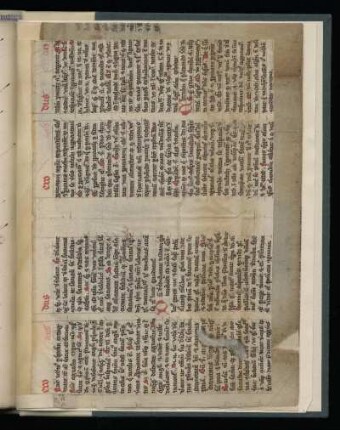 Pergamentblätter des 13. bzw. 14. Jh. (Kommentar aus dem Exodus und Hs. des Liber sextus decretalium D. Bonifacii Papae VIII.)