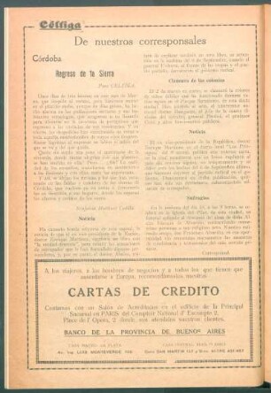 Córdoba : Regreso de la Sierra[,] Noticia[,] Clausura de las colonias[,] Noticia [y] Sufragios