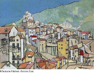 Konstruktive Stadtlandschaft vor Bergen