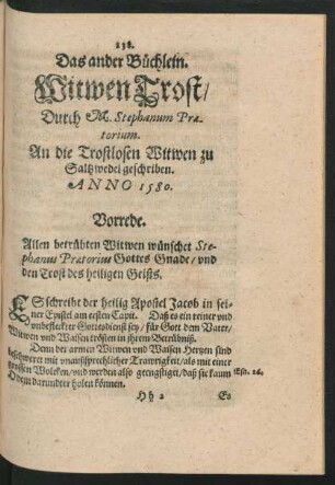 Das ander Büchlein. Witwen Trost/ Durch M. Stephanum Praetorium.