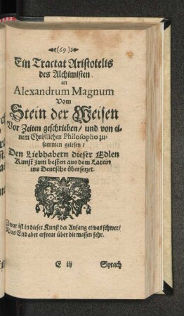 Ein Tractat Aristotelis des Alchimisten an Alexandrum Magnum Vom Stein der Weisen ...