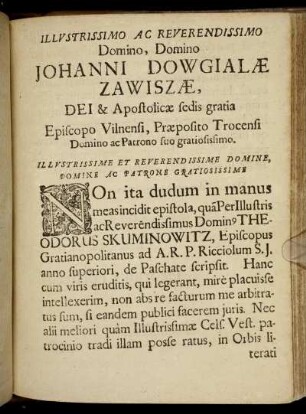 Illustrissimo Ac Reverendissimo Domino, Domino Johanni Dowgialæ Zawiszæ [...]
