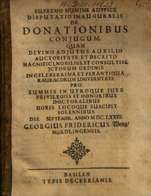 Disputatio Inauguralis De Donationibus Coniugum
