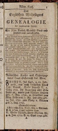 Des Englischen Wahrsagers allerneueste Genealogie der regierenden Häuser.