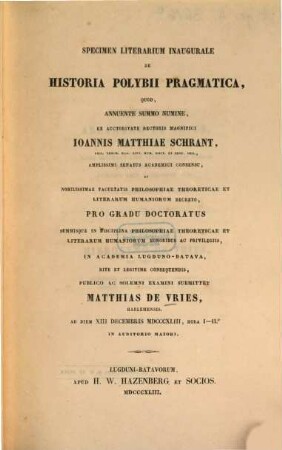 Specimen literarium inaugurale de Historia Polybii pragmatica