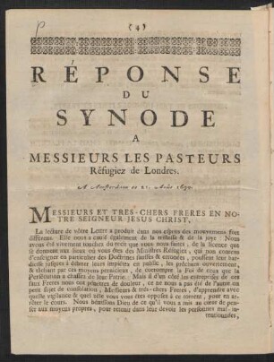 Réponse Du Synode A Messieurs Les Pasteurs Réfugiez de Londres.