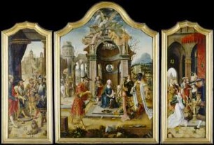 Triptychon mit der Anbetung der Heiligen Drei Könige, David mit dem Wasser aus Bethlehem und der Königin von Saba vor Salomo