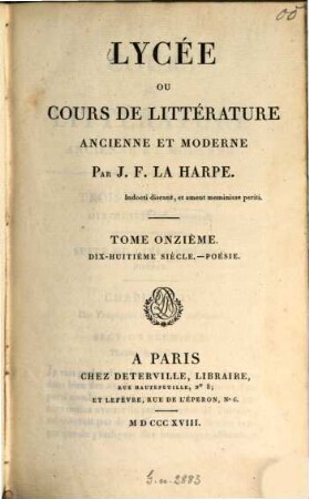 Lycée ou cours de littérature ancienne et moderne, 11. Dix-huitième siècle: Poésie