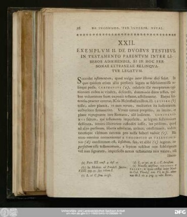 XXII. Exemplum II. De Duobus Testibus, In Testamento Parentum Inter Liberos Adhibendis, Si In Hoc Personae Extraneae Relinquatur Legatum.