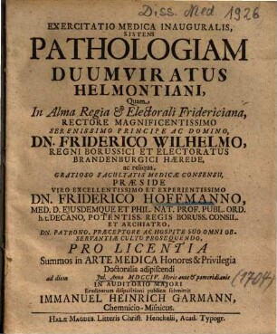 Exercitatio Medica Inauguralis, Sistens Pathologiam Duumviratus Helmontiani