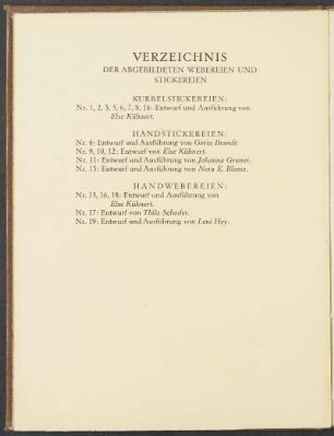 Verzeichnis der abgebildeten Webereien und Stickereien