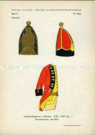 Uniformdarstellung, Detailstudie Grenadiermütze und Uniformrock des Infanterie-Regiments "von Münchow", Kurfürstentum Hannover, 1750/1766.