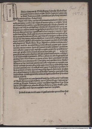 Prognosticon : mit Widmungsvorrede des Autors an Federico da Montefeltro, Herzog von Urbino