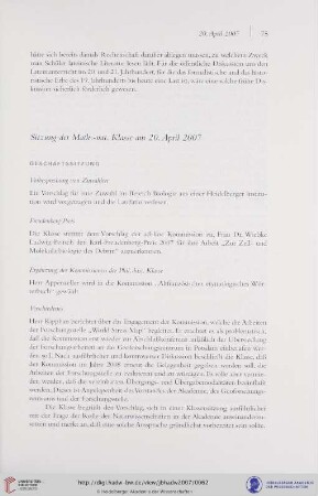 Sitzung der Math.-nat. Klasse am 20. April 2007