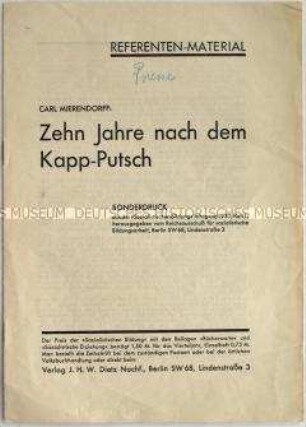 Sonderdruck aus der Reihe "Sozialistische Bildung" zur Lage in der Weimarer Republik im Jahr 1930 (Referentenmaterial)