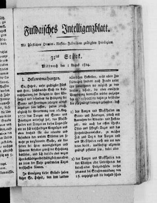 31tes Stück, Ausgabe vom 1. August 1804