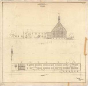 Gsaenger, Gustav; Eberswalde (Brandenburg); Projekt Gesamtentwicklungsplan, Stadtkrone, Vierjahresplan-Siedlung (Schule) - Vierjahresplan-Siedlung, Schule, West- u. Nordseite (Ansichten)