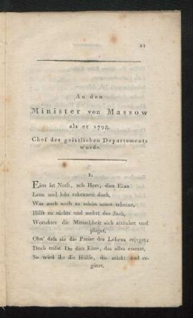 An den Minister von Massow als er 1798 Chef des geistlichen Departements wurde