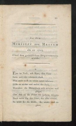 An den Minister von Massow als er 1798 Chef des geistlichen Departements wurde