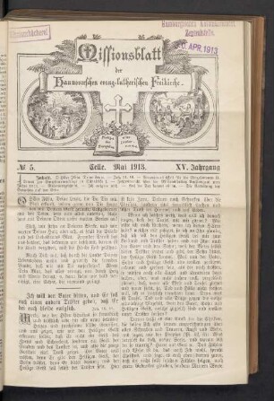 N°. 5. Mai 1913. XV. Jahrgang