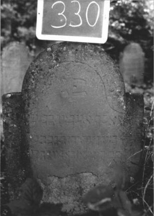 Grabstein 330 (Index: 99895706) Material: Sandstein Zustand: leicht verwittert, beginnt abzublättern Maße HxBxT: 77x53x10 cm Beschreibung: Stele mit eingezogenem Rundbogenabschluss: Grabstein 330