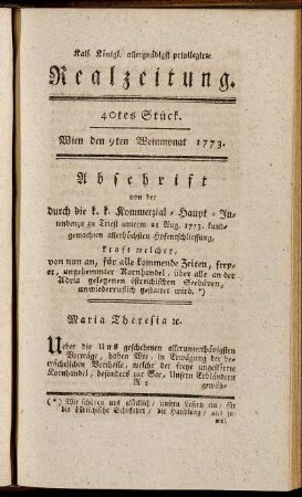 40tes Stück. Wien den 9ten Weinmonat 1773.