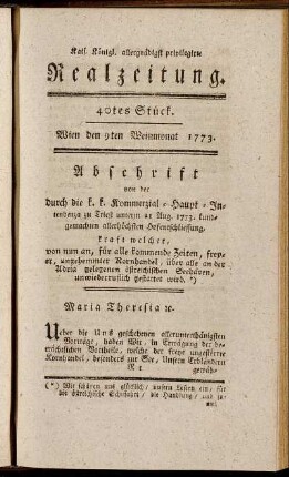 40tes Stück. Wien den 9ten Weinmonat 1773.