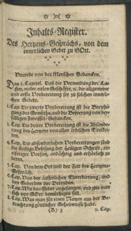 Inhalts-Register. Des Hertzens-Gesprächs, von dem innerlichen Gebet zu GOtt