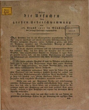Über die Ursachen der großen Überschwemmung am 16. Aug. 1807 in München den Zeitungs-Nachrichten ... entgegengestellt