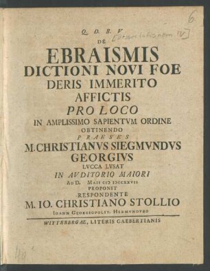 4.: Dissertationem ... De Ebraismis Dictioni Novi Foederis Immerito Affictis