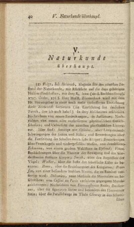 V. Naturkunde überhaupt.