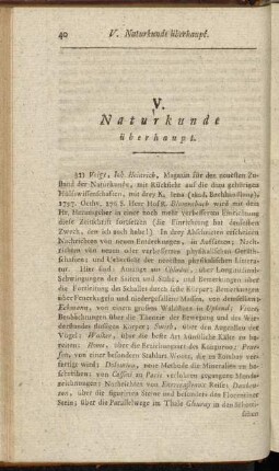 V. Naturkunde überhaupt.