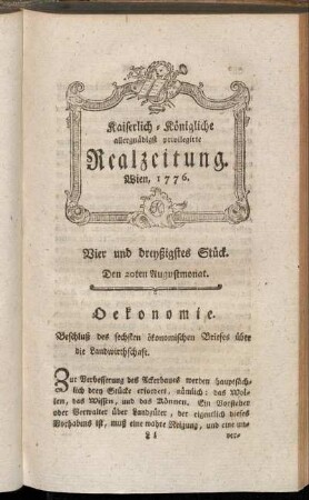 Vier und dreyßigstes Stück. Den 20ten Augustmonat. Wien, 1776.