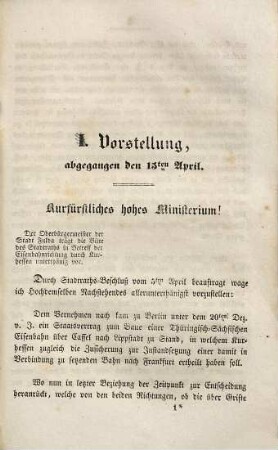 Zur Erlangung der Eisenbahn über Fulda durch die Stadt dieses Namens zuletzt eingereichte Vorstellungen