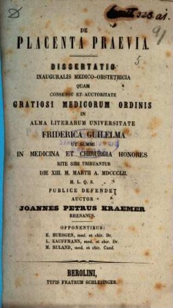 De Placenta praevia : Dissertatio inauguralis