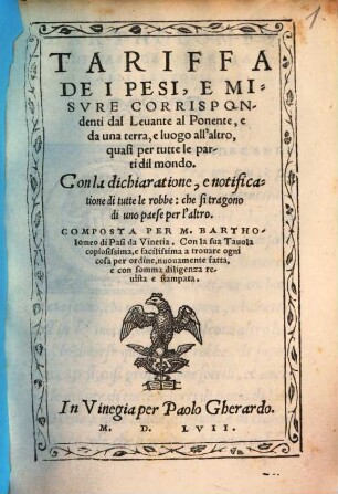 Tariffa de pesi e mesure : corrispondenti dal levante al ponente
