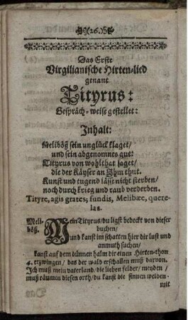 Das Erste Virgilianische Hirten-lied genant Tityrus: Gesprächs-weise gestellet