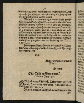 30-33, Chur Pfaltz an Bayrn den 7. Octobris, 17. Octobris Anno 1619