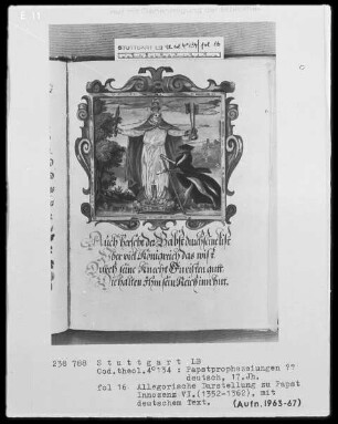 Flugschrift mit Illustrationen aus den Papstprophezeiungen mit antipäpstlichen Spottversen — Allegorische Darstellung zu Papst Innozenz 6. (1352-1362), Folio 16recto