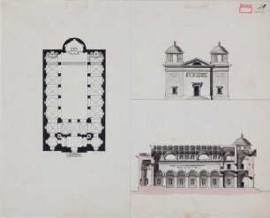 Entwurf einer Basilika - Grundriss, Ansicht und Längsschnitt