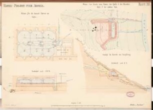 Hafen für Arkona Schinkelwettbewerb 1868: Hafenzisterne, Hangzisterne: Lageplan, Grundriss, Schnitte 1:120; Maßstabsleiste